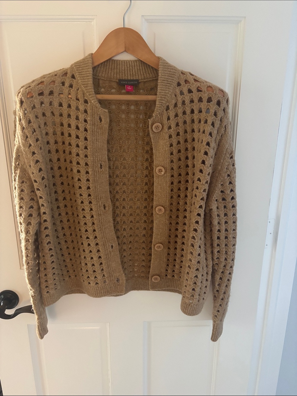 Vince Camuto Openwork Button-Front Cardigan - Tan